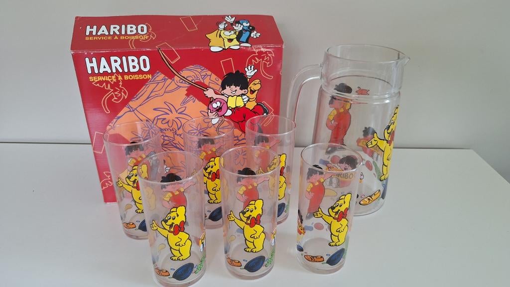 Unieke set van 6 haribo glazen met karaf/  zeldzaam., Enlèvement ou Envoi, Comme neuf, Ustensile