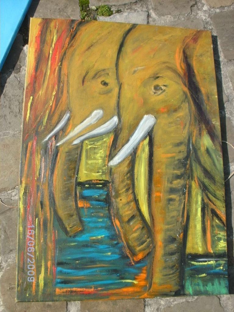 Olieverfschilderij "Olifanten bij de vijver"., Ophalen