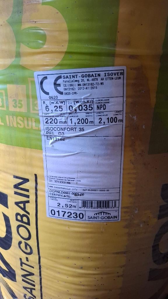 Isover ISOCONFORT 35 220mm dikte glaswol prijs/rol Isolatie, 12 cm of meer, Zo goed als nieuw, 15 m² of meer, Glaswol