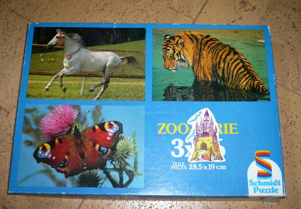 Boite 3 puzzles animaux tigre cheval papillon, Enlèvement, 10 à 50 pièces, Utilisé, 4 à 6 ans