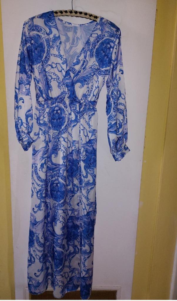 Lang kleedje zomer lange mouwen blauw witte print TU, Ophalen, Zo goed als nieuw, Blauw, Onder de knie