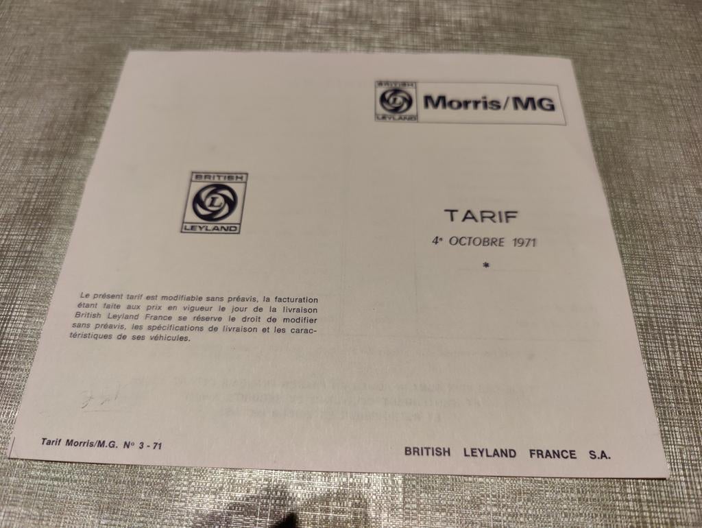 British Leyland morris mg tarif, Ophalen of Verzenden, Zo goed als nieuw