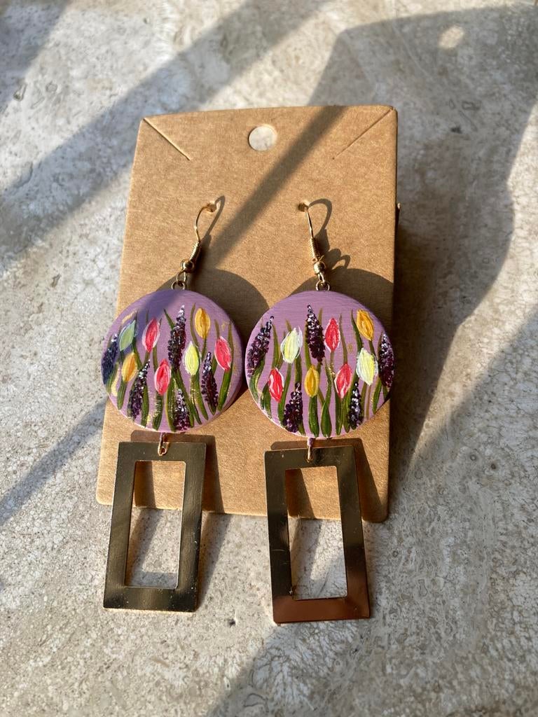 Handbeschilderde Oorbellen Botanical Purple Gold ByJ&S Nieuw, Overige materialen, Hangers, Paars, Nieuw