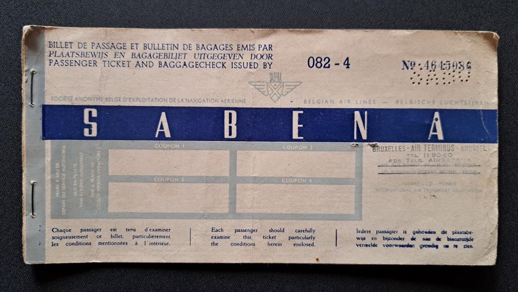 Ancien billet de passagé SABENA, Enlèvement ou Envoi