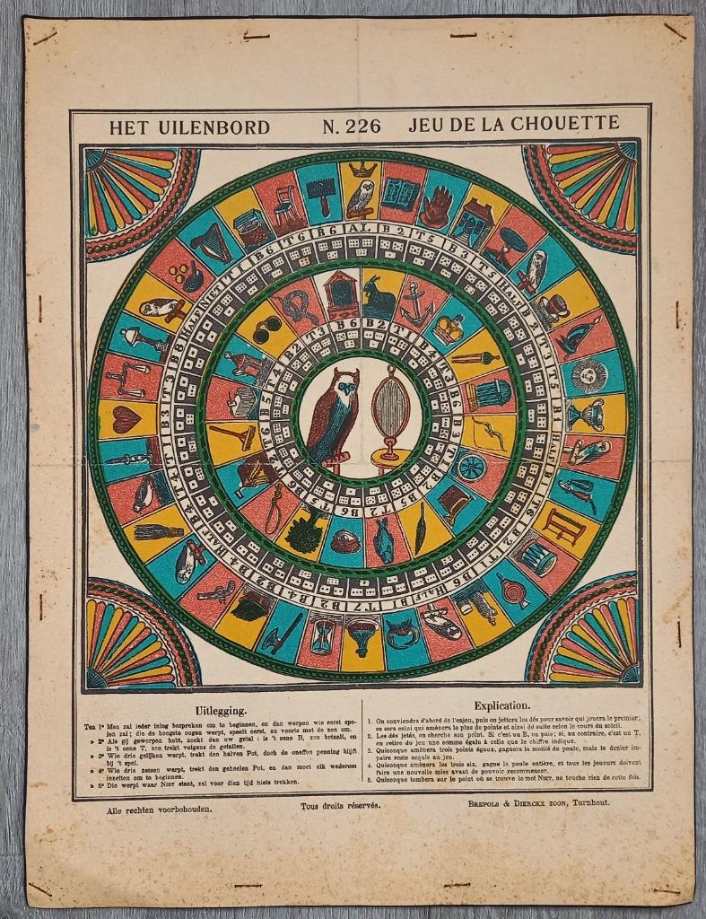 Antiek boordspel Het Uilenbord - Jeu de la Chouette, Antiquités & Art, Enlèvement ou Envoi