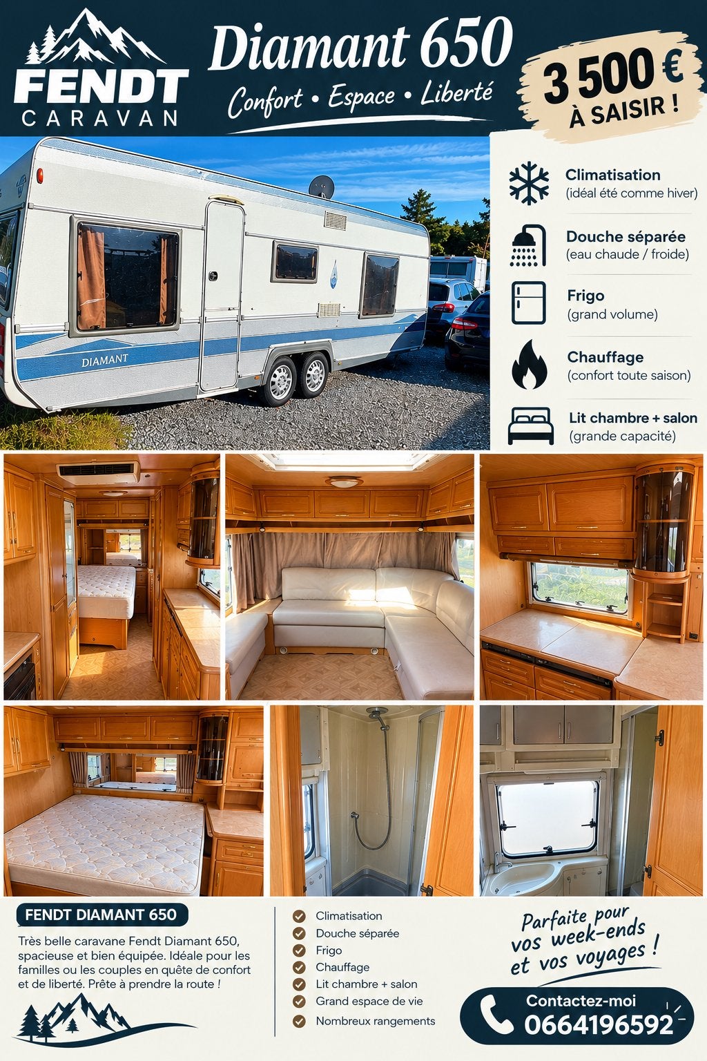 Fendt Diamants 650, Caravans en Kamperen, Frans bed, Particulier, Tot en met 4, Douche