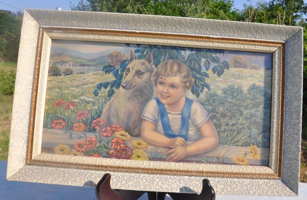 cadre mural chromo années 50 l'enfant et son chien, Antiquités & Art, Antiquités | Accessoires de maison, Enlèvement ou Envoi