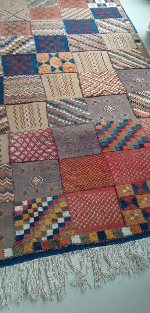 Kleurrijk Marokkaans artisanaal wollen tapijt., Geel, 150 tot 200 cm, 200 cm of meer, Ophalen of Verzenden