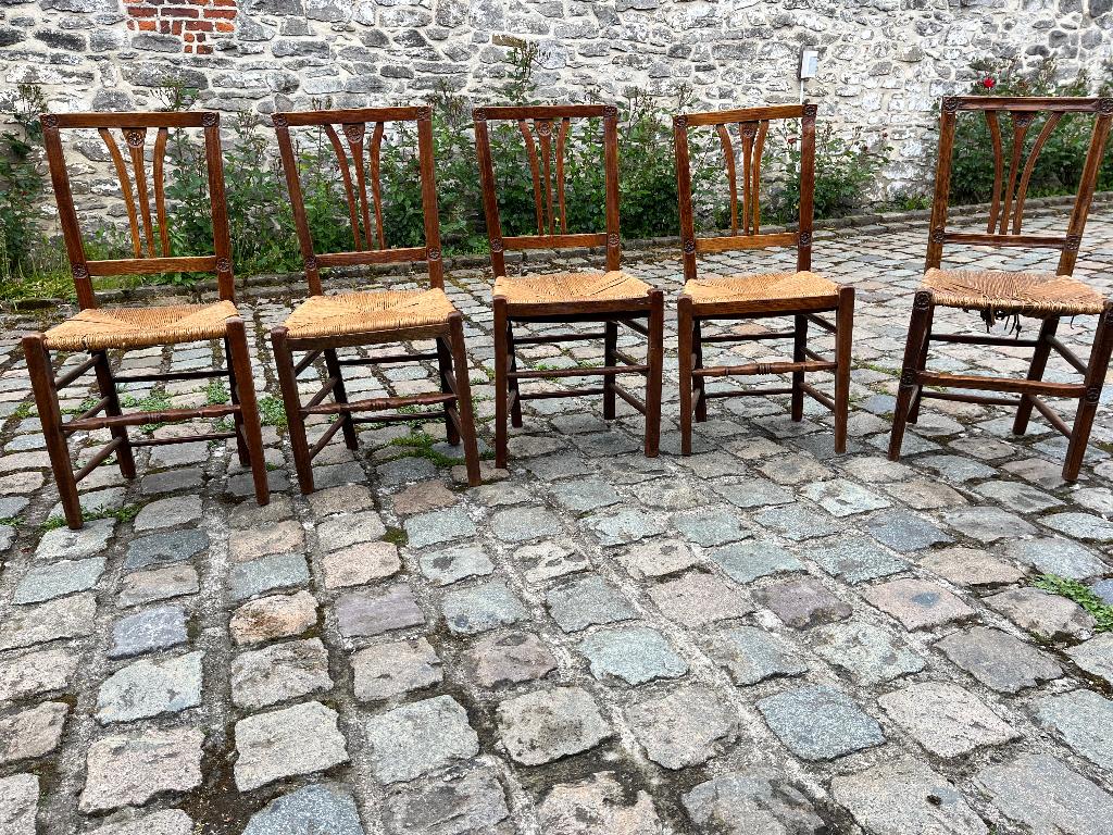 5 chaises en bois et osier, Maison & Meubles, Chaises, Ancien, Brun, Enlèvement, Bois