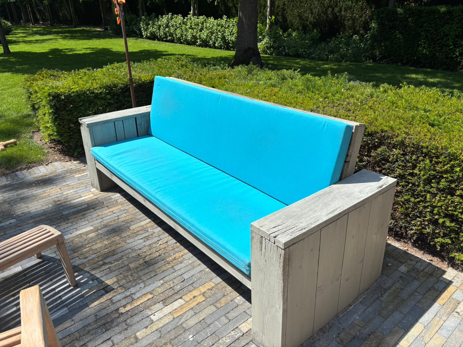 Tuinbank in steigerhout & tafel & kussens, Tuin en Terras, Tuinbanken, Ophalen