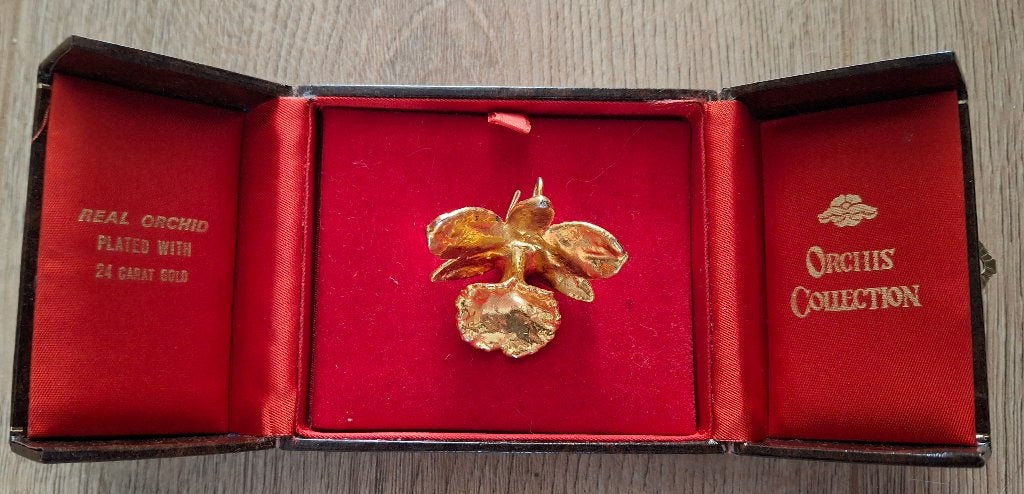 24-karaats vergulde echte orchideeënhanger, Ophalen of Verzenden, Zo goed als nieuw, Bloem of Plant, Goud