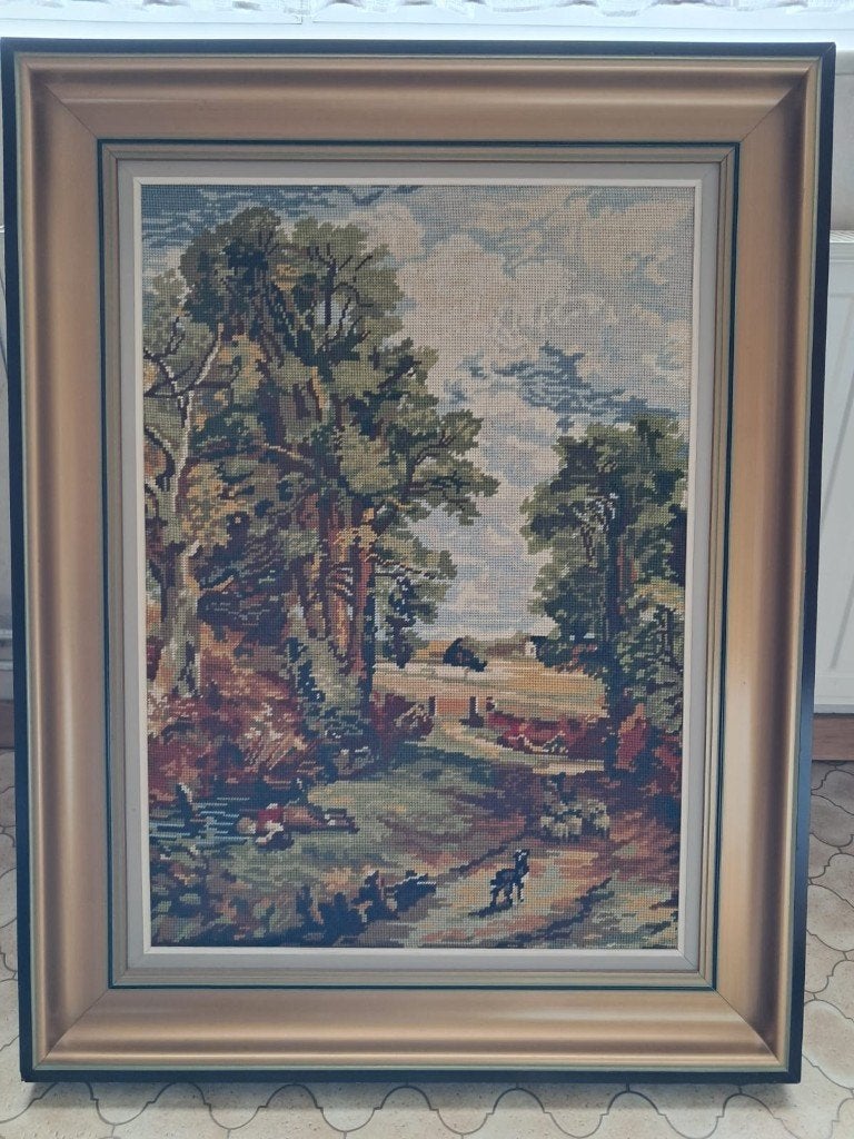 cadre ancien avec tissu cousu à la main, Antiquités & Art, Enlèvement, Toile