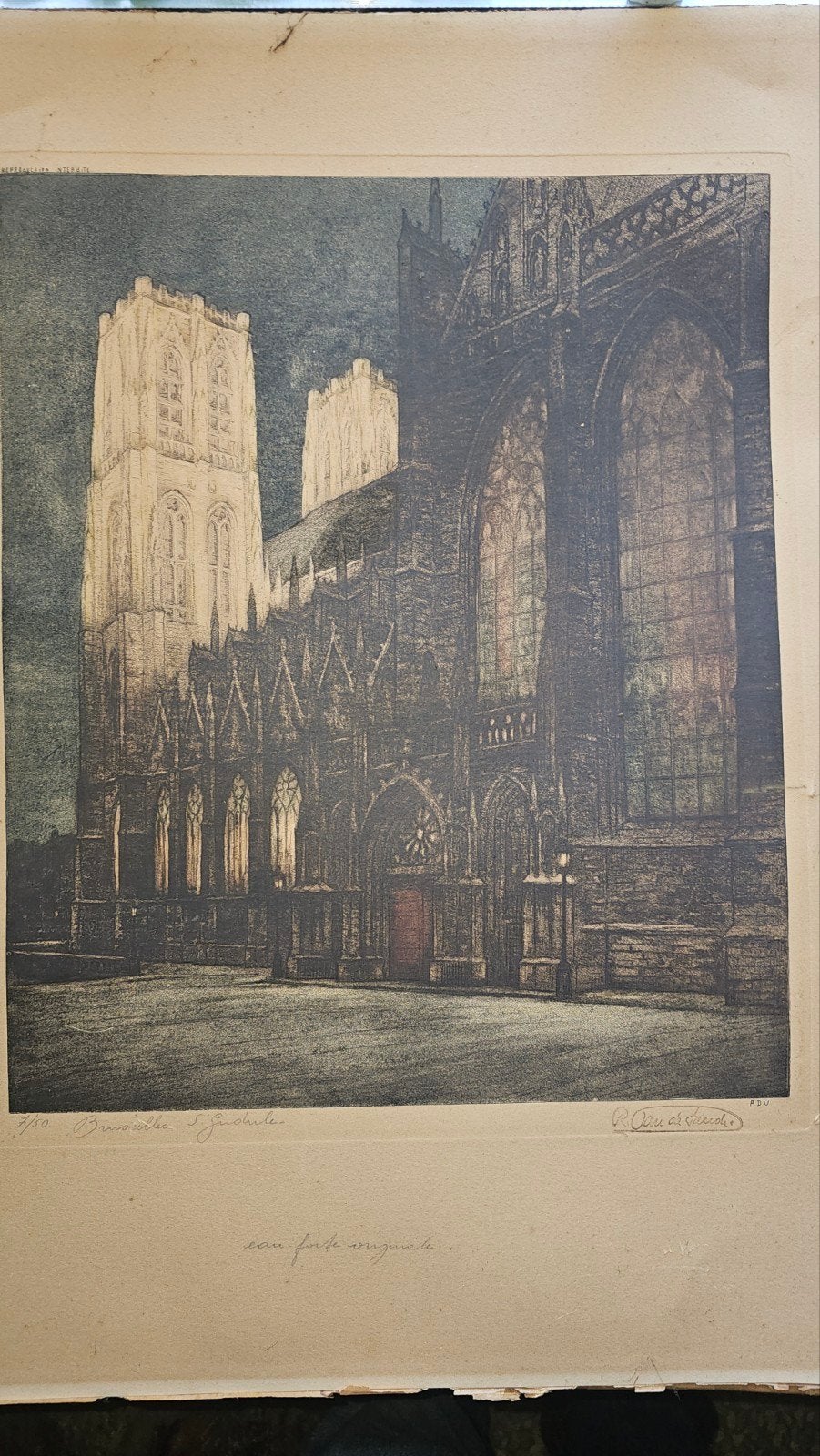 Gravure originale Bruxelles Saint-Goedele — numérotée 7/50, Eau-forte, 1950 - 1999, Numéroté, Enlèvement