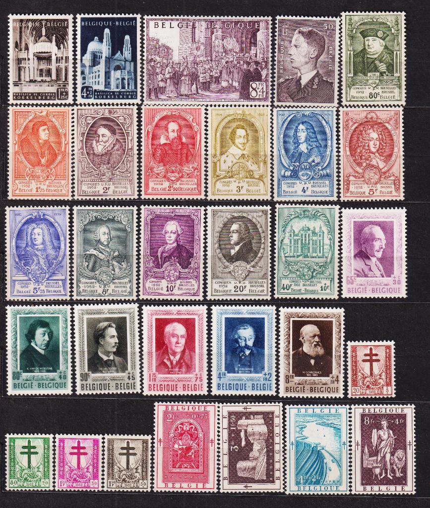 België 1952 met de 4 betere reeksen, Postzegels en Munten, Verzenden, Postfris, Spoor van plakker