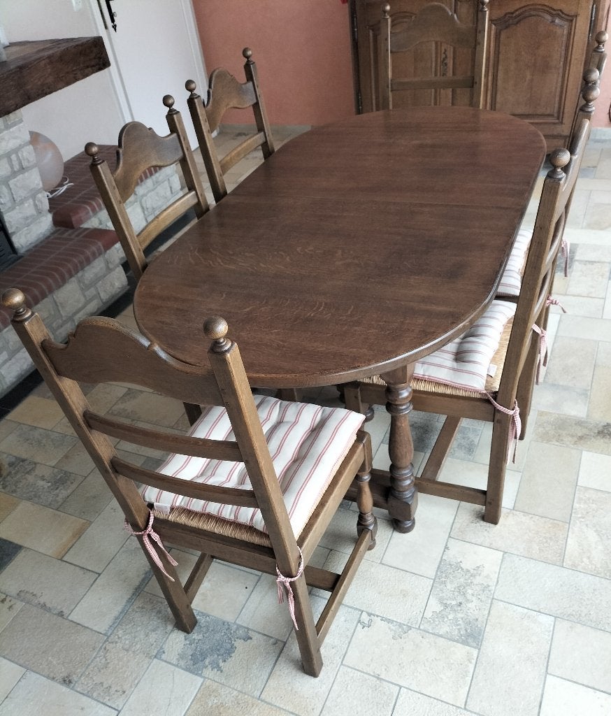 Ensemble salle à manger en chêne avec 6 chaises, Maison & Meubles, 150 à 200 cm, Cinq personnes ou plus, Comme neuf, Enlèvement