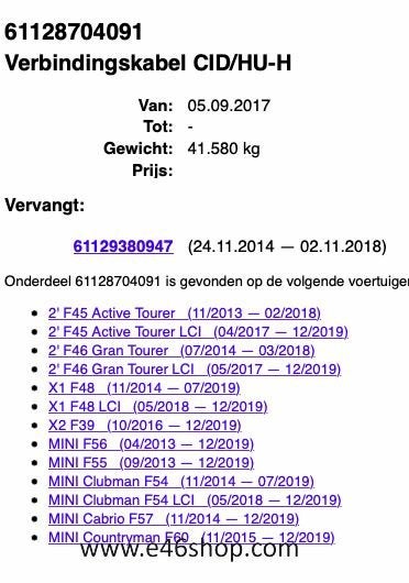 VERBINBDINGSKABEL BMW F45 F46 X1 MINI OE 61128704091, Auto diversen, Autoradio's, Ophalen of Verzenden, -, -, -