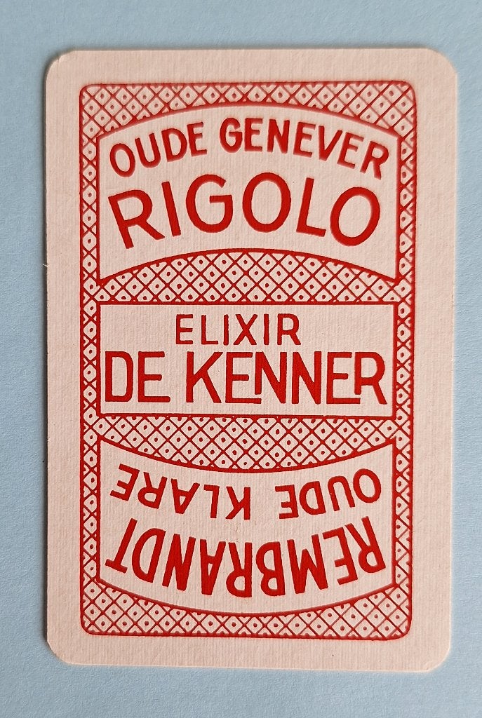 Speelkaart Rigolo_oude genever_likeuren_rood_323, Verzamelen, Speelkaarten, Jokers en Kwartetten, Gebruikt, Speelkaart(en), Ophalen of Verzenden
