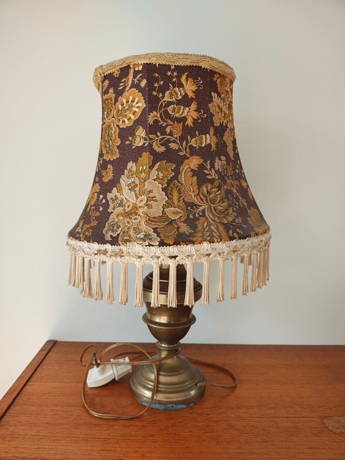 Vintage messing tafellamp met bloemenprint lampenkap, Enlèvement, Vintage