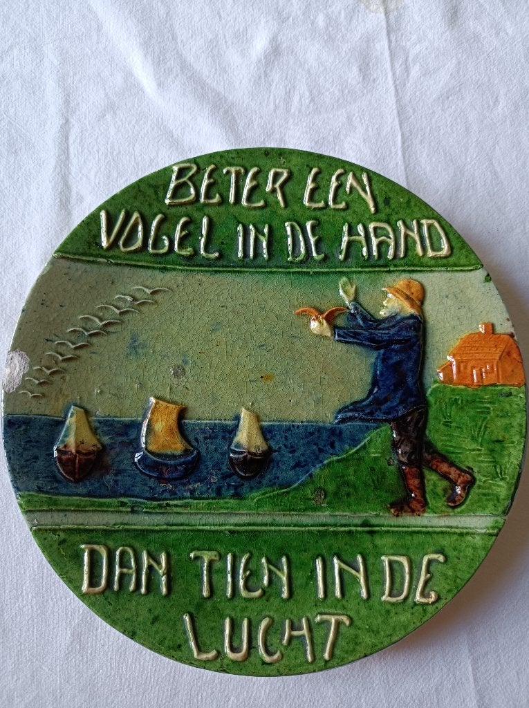Bord Torhouts aardewerk met spreuk, Antiek en Kunst, Ophalen of Verzenden