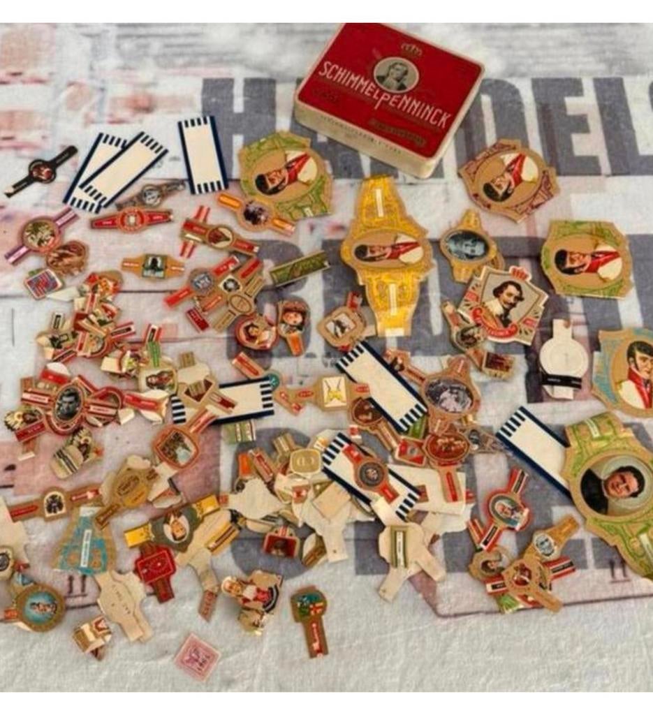 Partij + 100 sigarenbandjes sigaren bandjes en blik vintage, Ophalen of Verzenden, Zo goed als nieuw, Sigarenbandjes