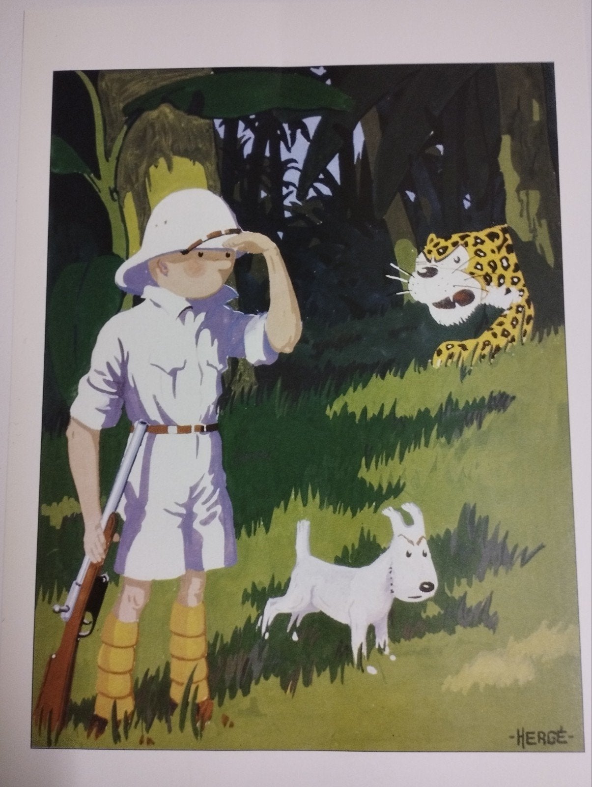 een prent over stripfiguur en hond Kuifje en Bobbie in Congo, Ophalen, Kuifje