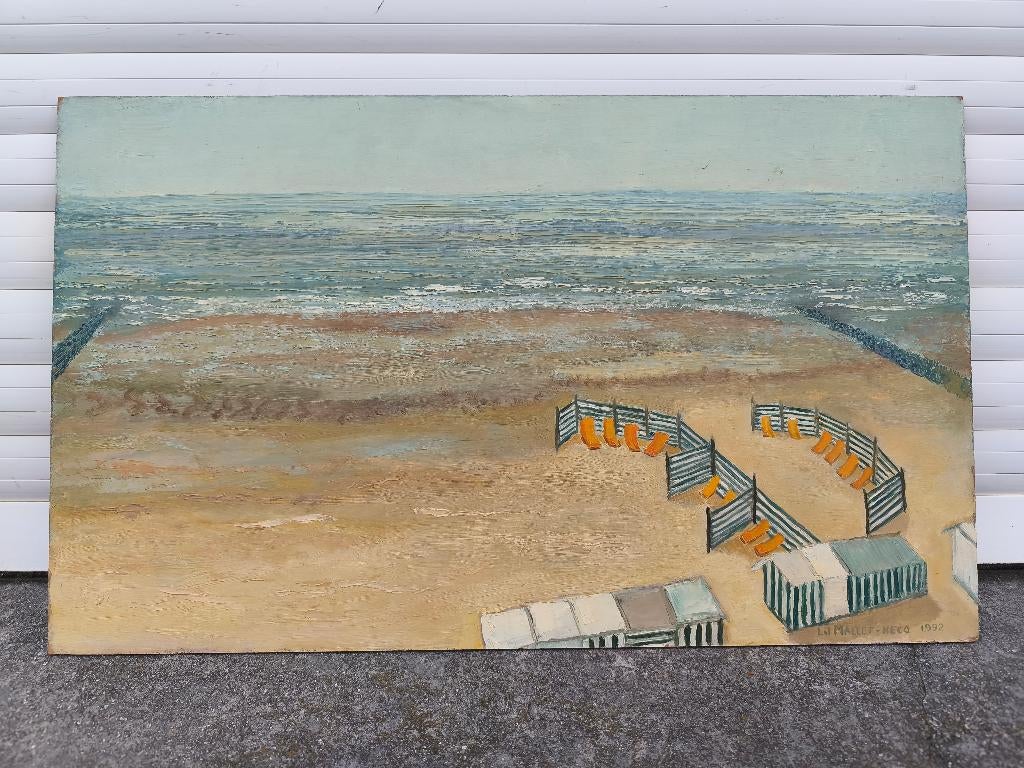 Huile sur panneau la plage signe lil mallet hecq, Antiek en Kunst, Kunst | Schilderijen | Klassiek, Ophalen of Verzenden