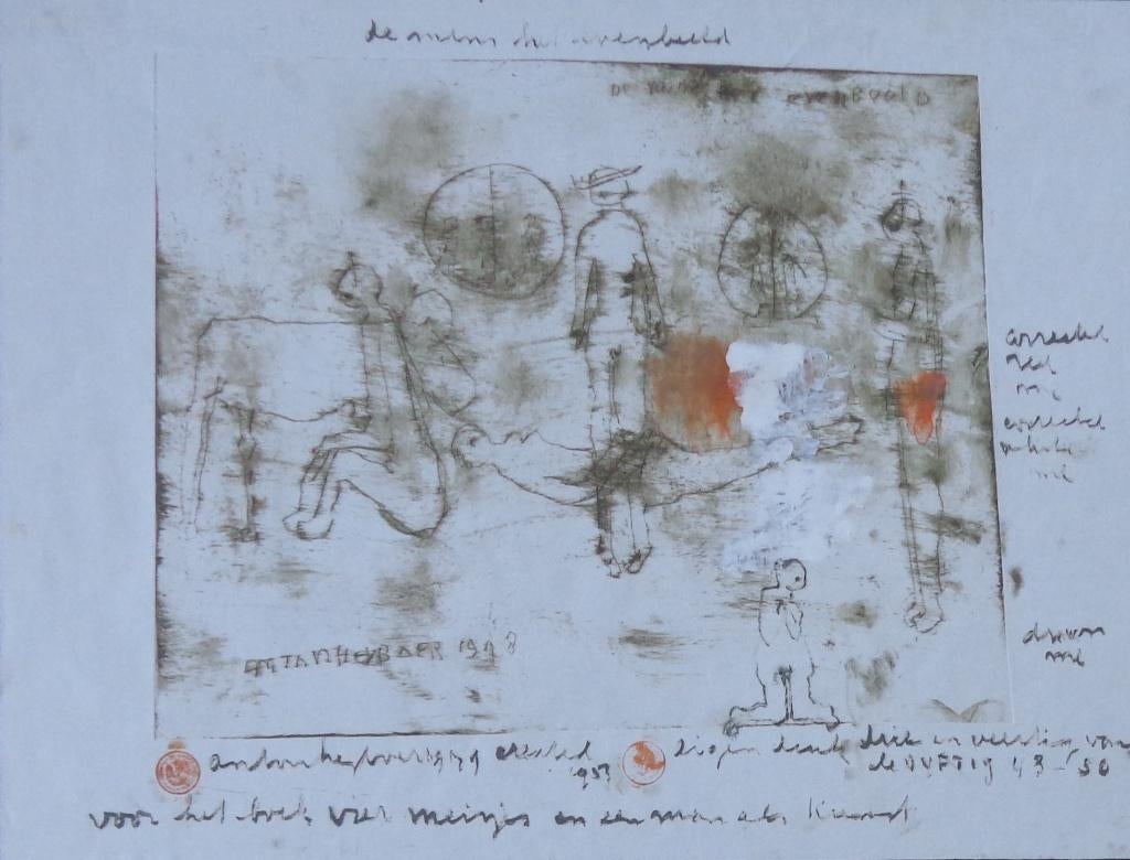ANTON HEYBOER / MENS EVENBEELD / ETS + GOUACHE 61x76cm KADER, Antiquités & Art, Art | Lithographies & Sérigraphies, Eau-forte
