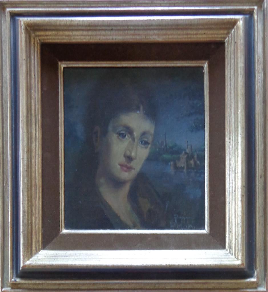 ROGER VAN BELLEGHEM / VROUWENPORTRET OLIEVERF 40x36cm KADER, Enlèvement ou Envoi, Signé, Peinture à l'huile