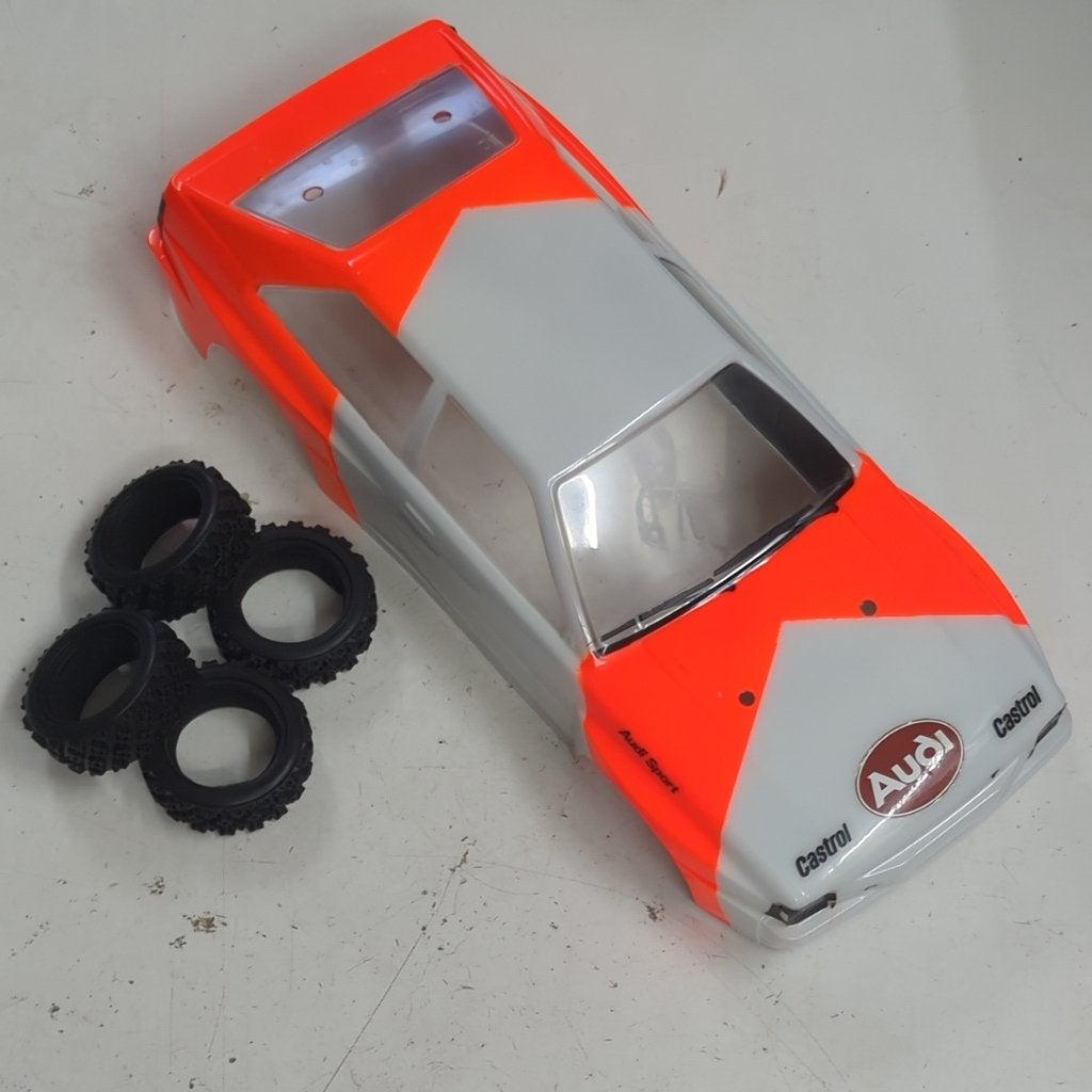 1/10 Audi Quattro kap body + rally banden (Tamiya HPI Kyosho, Enlèvement ou Envoi, Utilisé, Échelle 1:10, Pièce