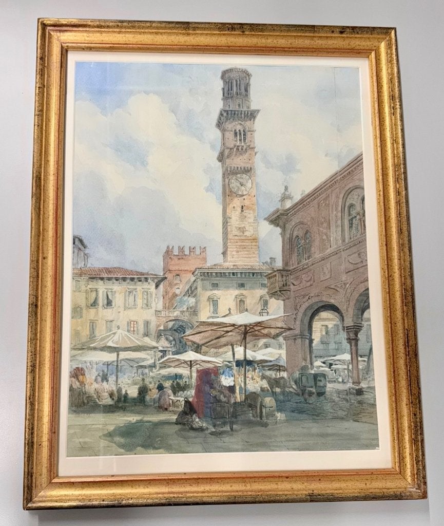 Antiquités Louis Laurent Raze 1805-1873 Piazza delle Erbe, Enlèvement ou Envoi, Encadré, Aquarelle, Paysage urbain / rural