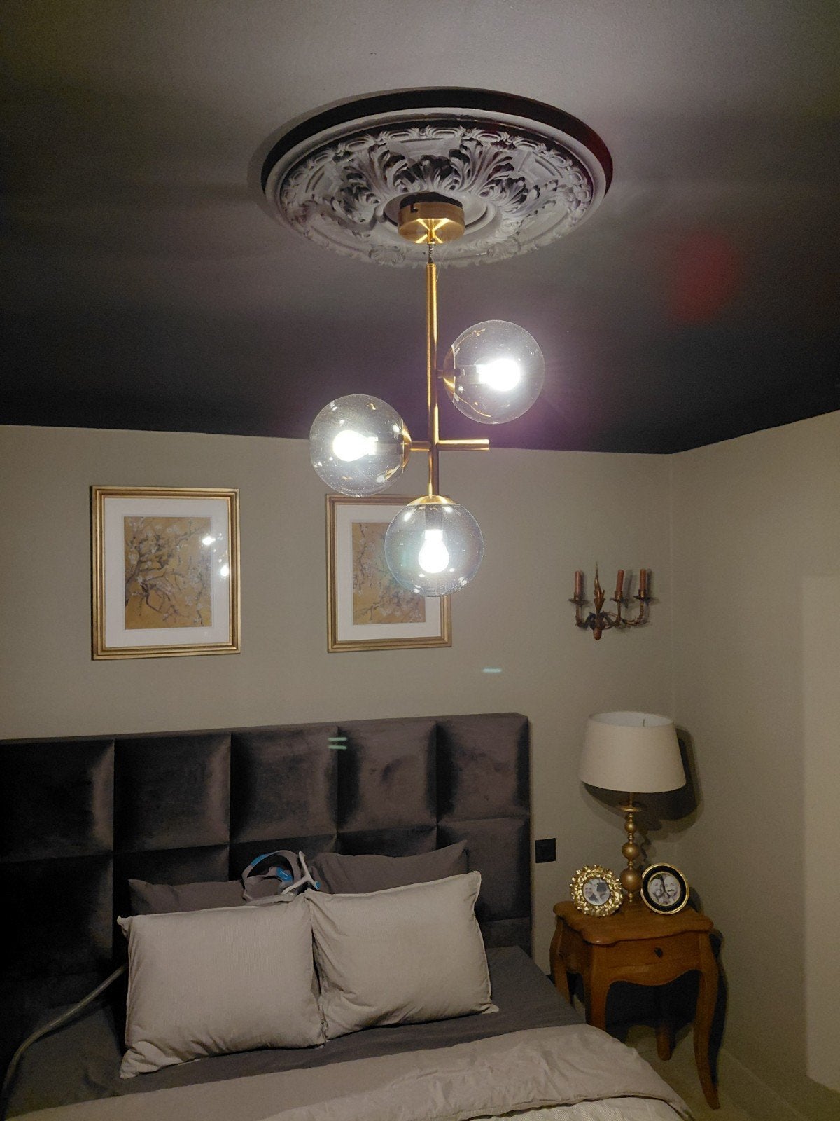 gouden plafondlamp met 3 glazen bollen, Ophalen, Plafondlamp, Goud, Glas