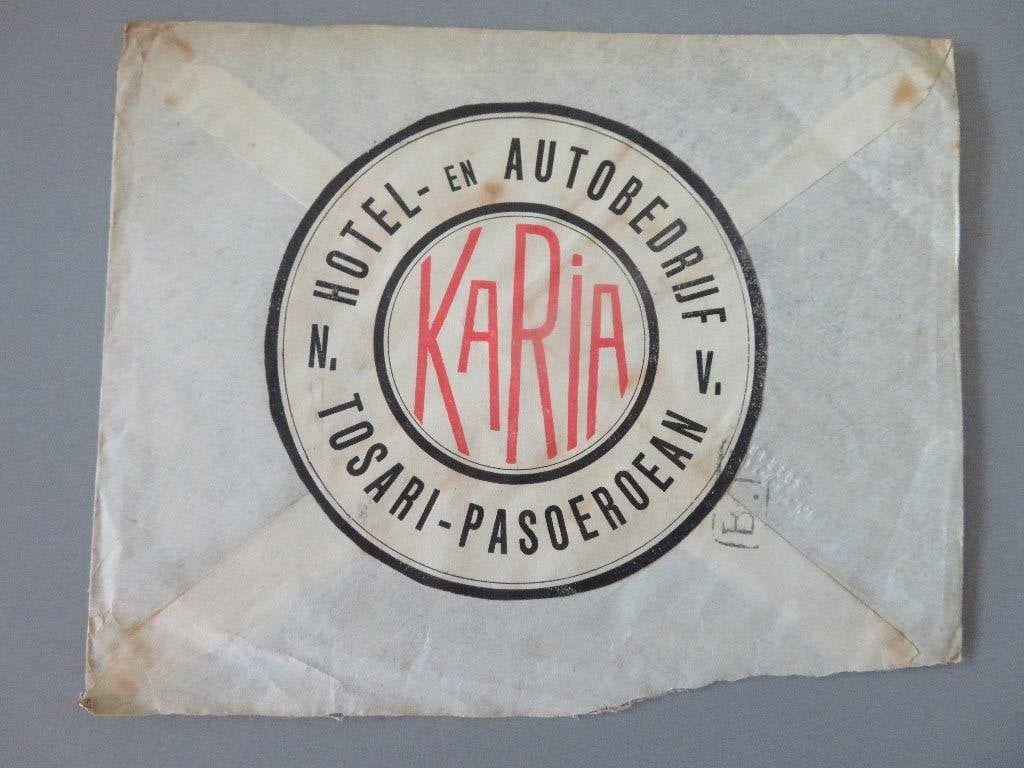 RARE 1920 Hotel autobedrijf label KARIA Tosari Ned. Indie, Verzamelen, Foto's en Prenten, Verzenden, Voor 1940, Zo goed als nieuw