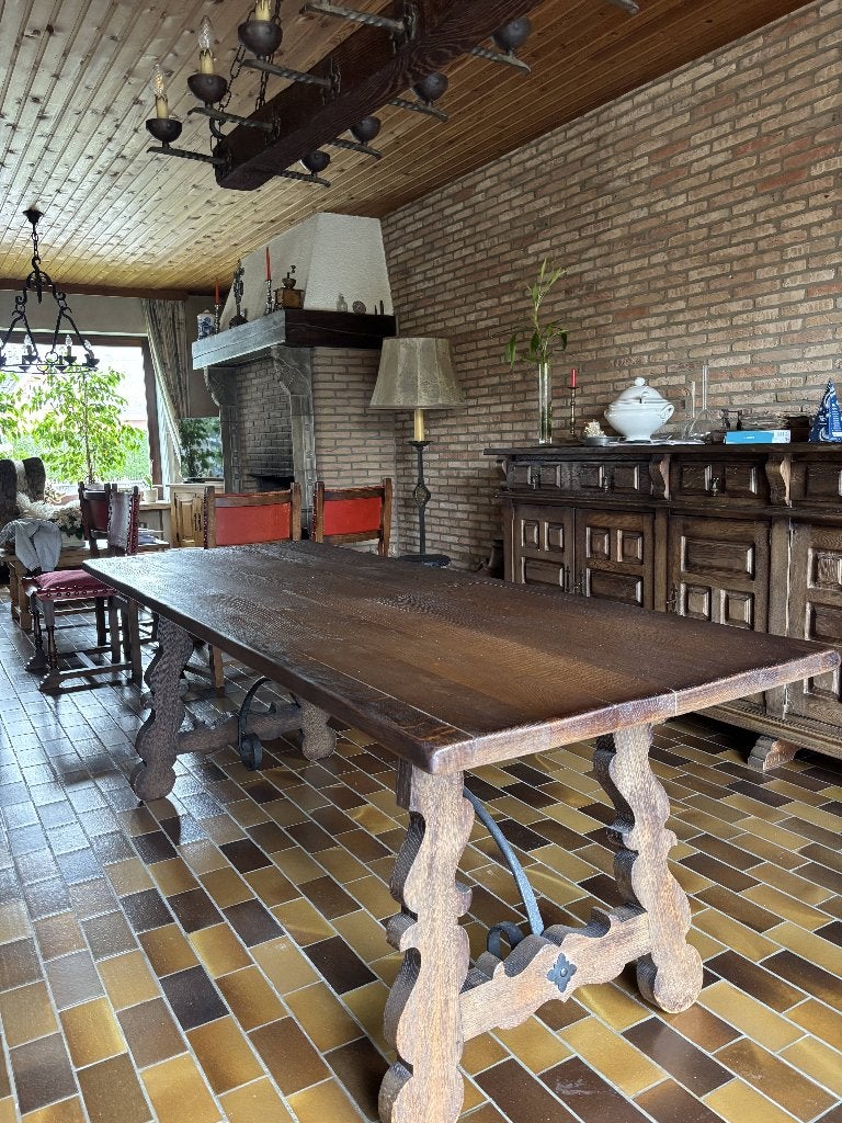 massief houten eettafel, Ophalen, Gebruikt, 200 cm of meer, 50 tot 100 cm