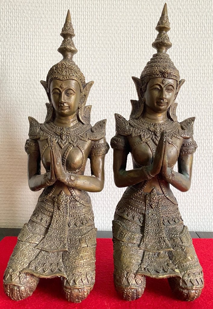 Paar oude bronzen Boeddha-tempelwachters, Antiek en Kunst, Ritueel object, Ophalen of Verzenden, Brons, 33 cm
