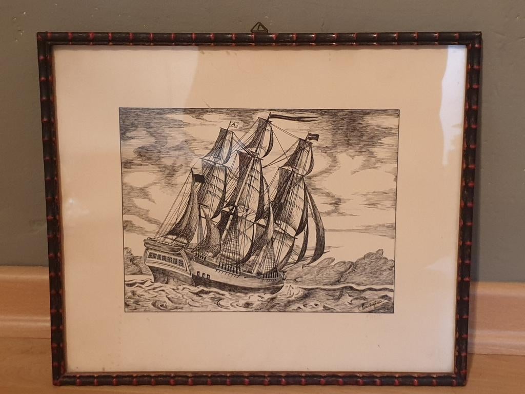 Kader met tekening Schip op zee, Antiek en Kunst, Ophalen