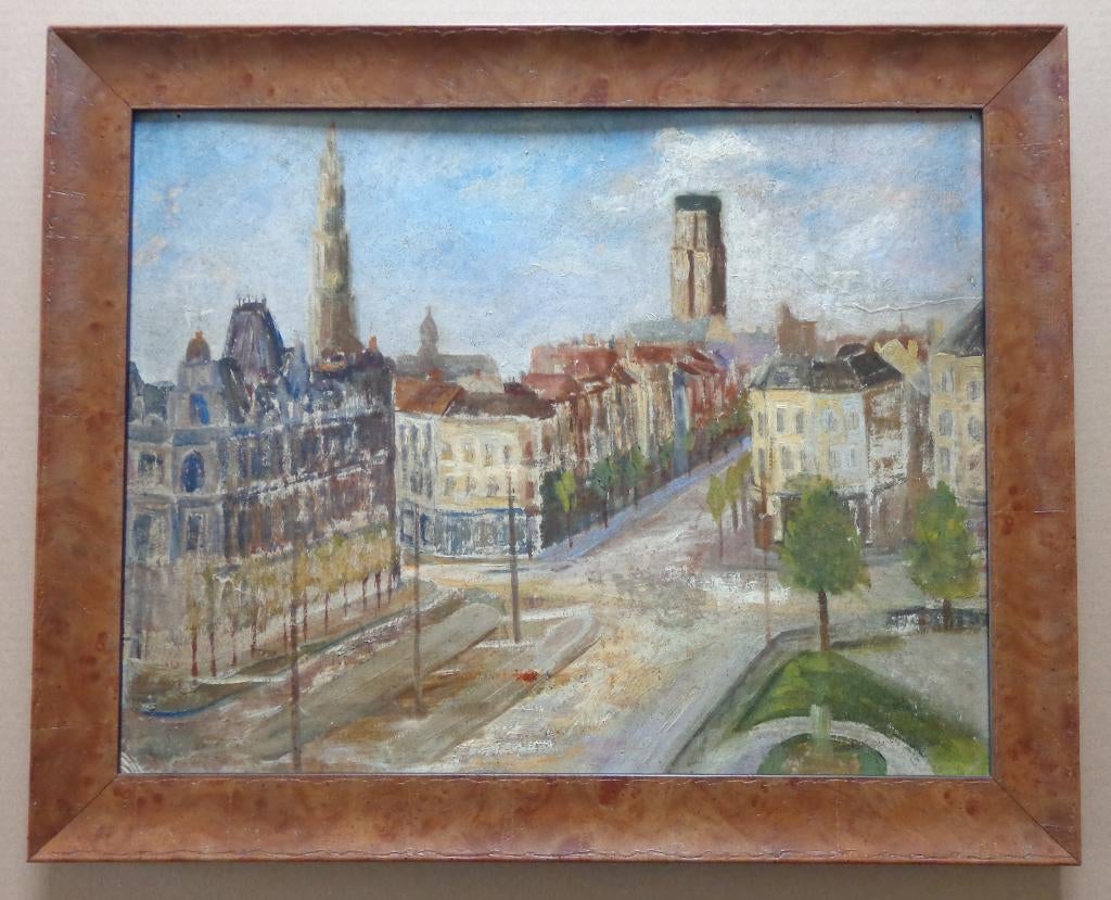 ANTWERPSE SCHOOL / VOLKSSTRAAT ANTWERPEN / OLIEVERF 42x52cm, Antiek en Kunst, Ophalen of Verzenden, Gesigneerd, Olieverf