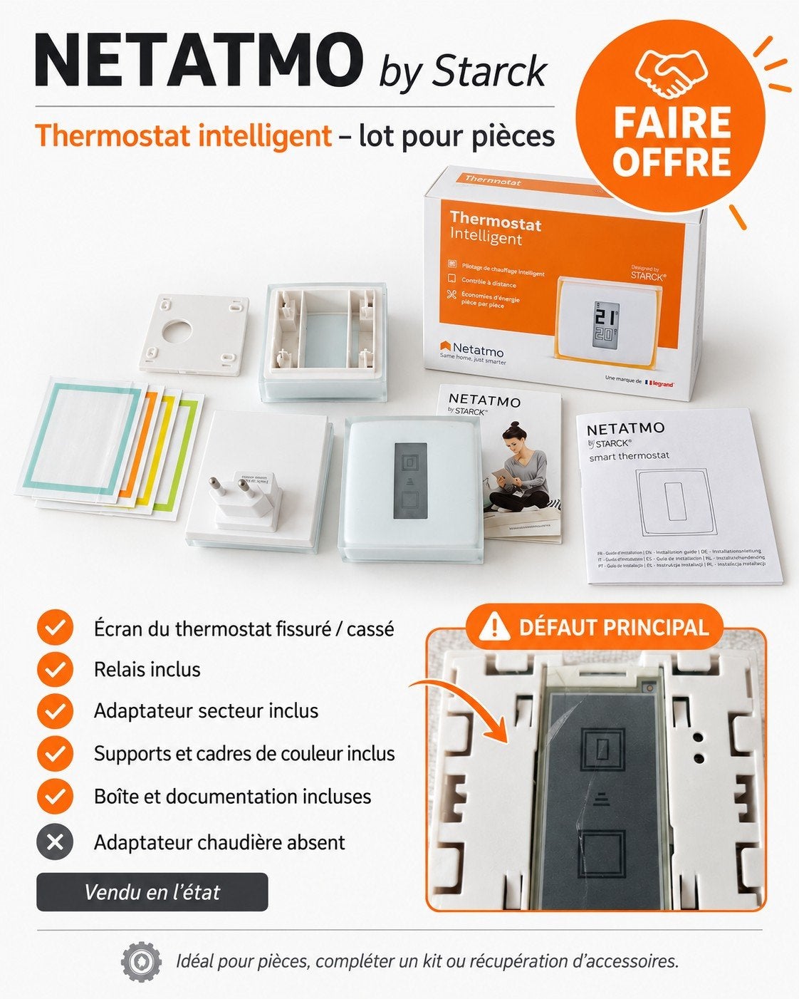 Thermostat Netatmo by Starck NTH01 pour pièces – écran fissu, Bricolage & Construction, Enlèvement ou Envoi