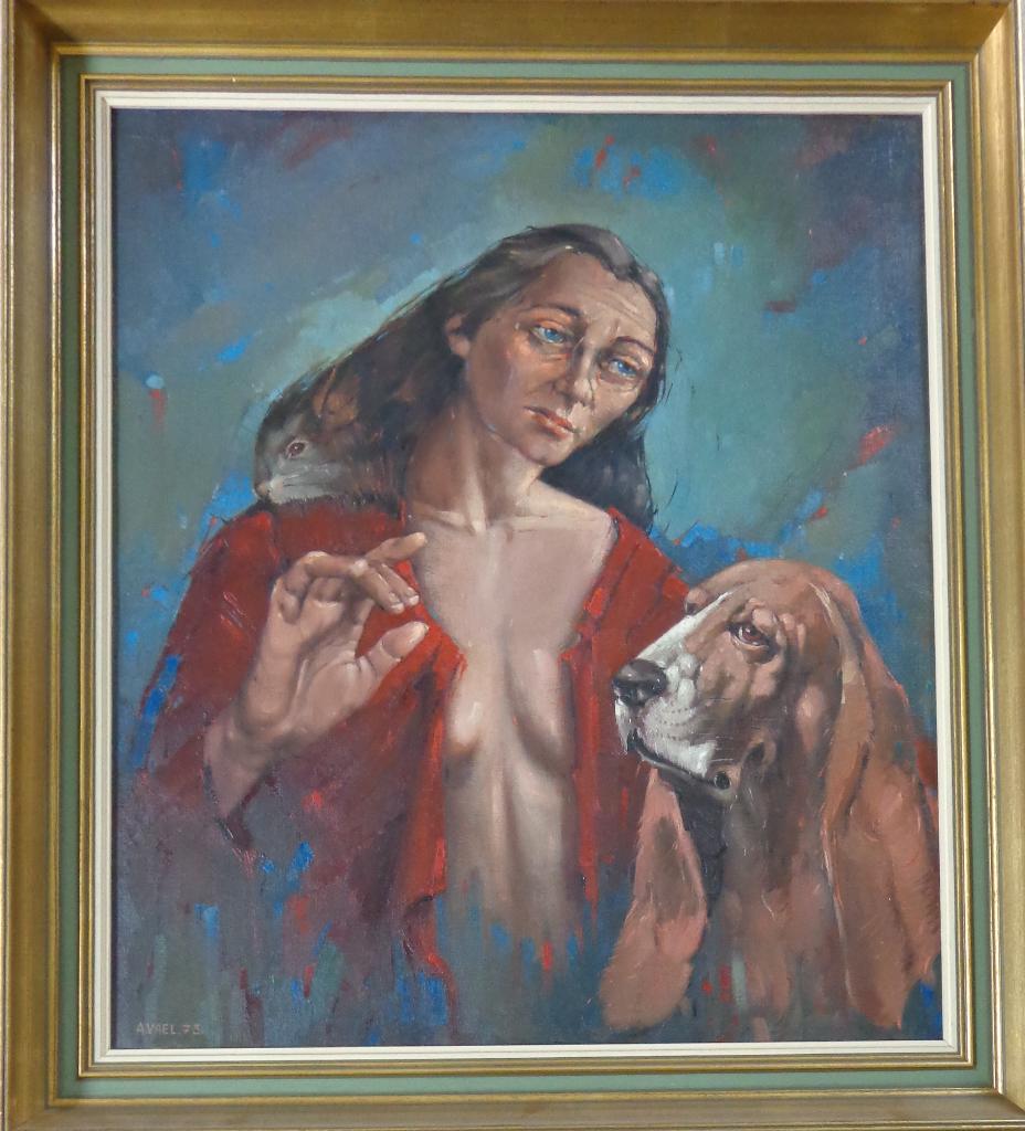 ALBERT VAEL / VROUW MET HOND / OLIEVERF DOEK / 94x84cm KADER, Enlèvement