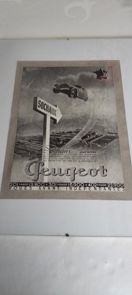 oude reklame Peugeot 201, 301,402, met glaskader, Verzenden, Zo goed als nieuw, Reclamebord