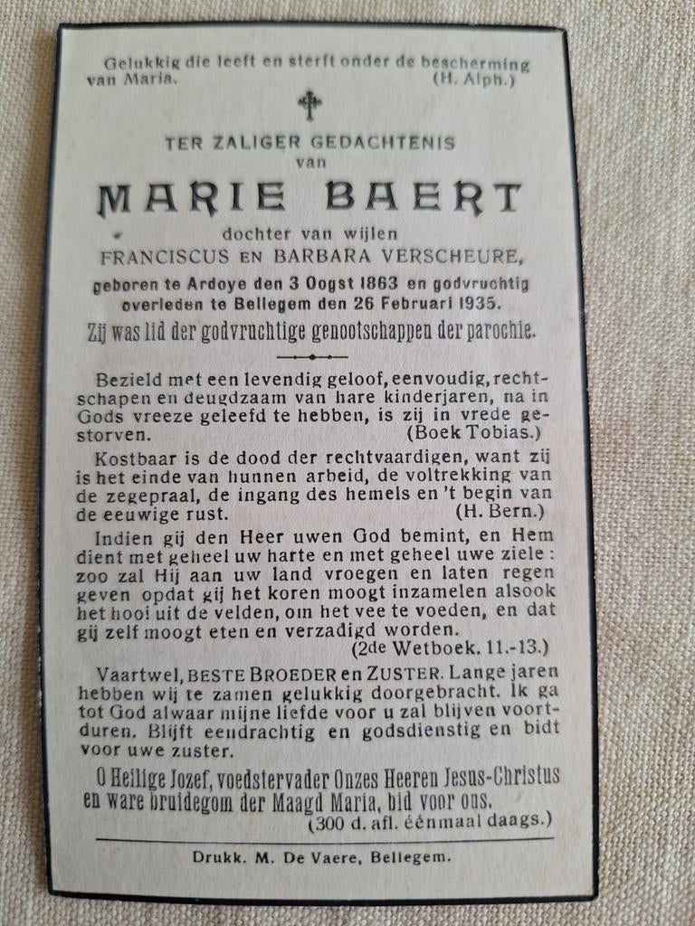 Bidprentje Marie Baert Ardooie 1863 - Bellegem 1935, Ophalen of Verzenden, Bidprentje