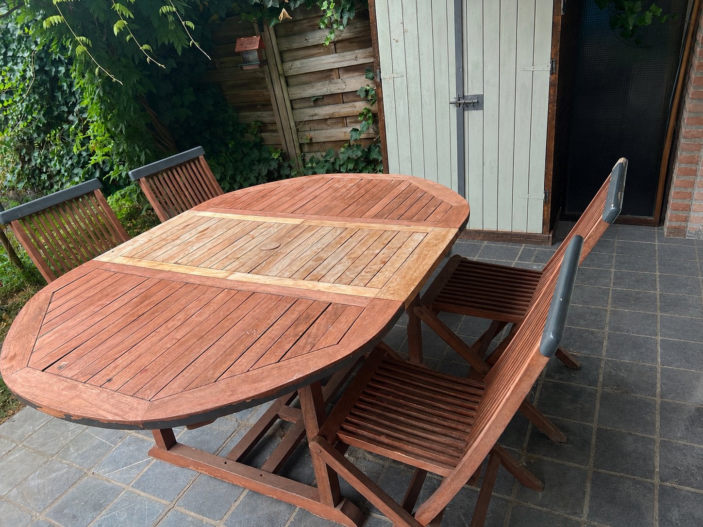 Table de jardin extensible en teck + 4 chaises, Ophalen, Zo goed als nieuw
