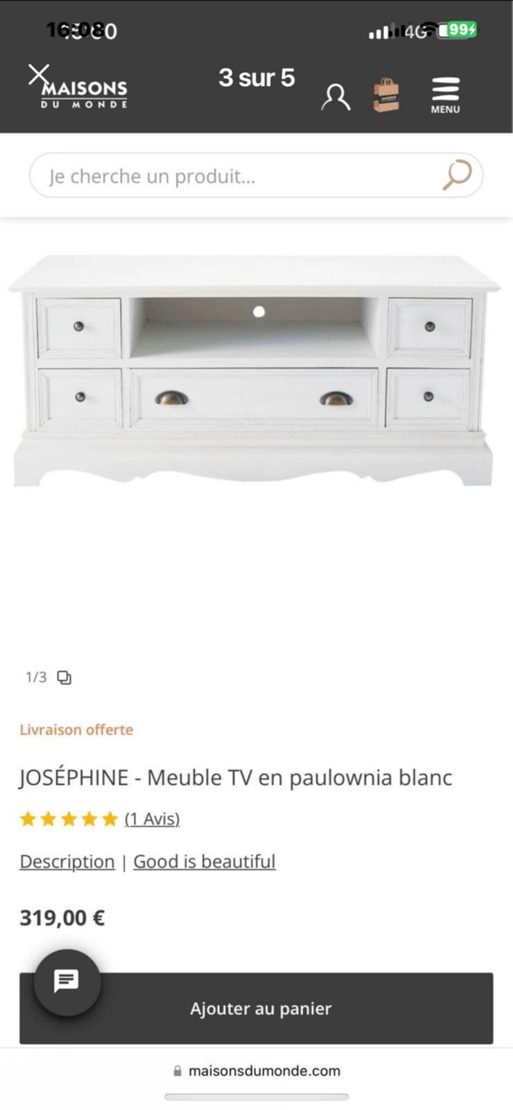 JOSÉPHINE - Meuble TV en paulownia blanc, Maison & Meubles, Enlèvement, Comme neuf