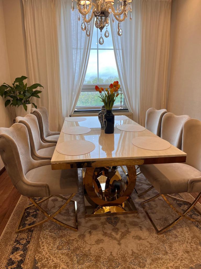 Table en véritable marbre blanc avec 6 chaises velours, Enlèvement, Neuf, Style italien moderne, 4 à 6 chaises