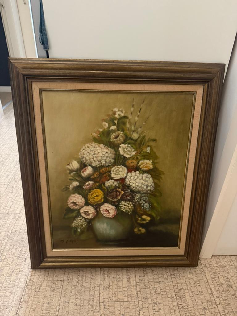 Antiek/vintage bloemen schilderij met sierkader, Ophalen