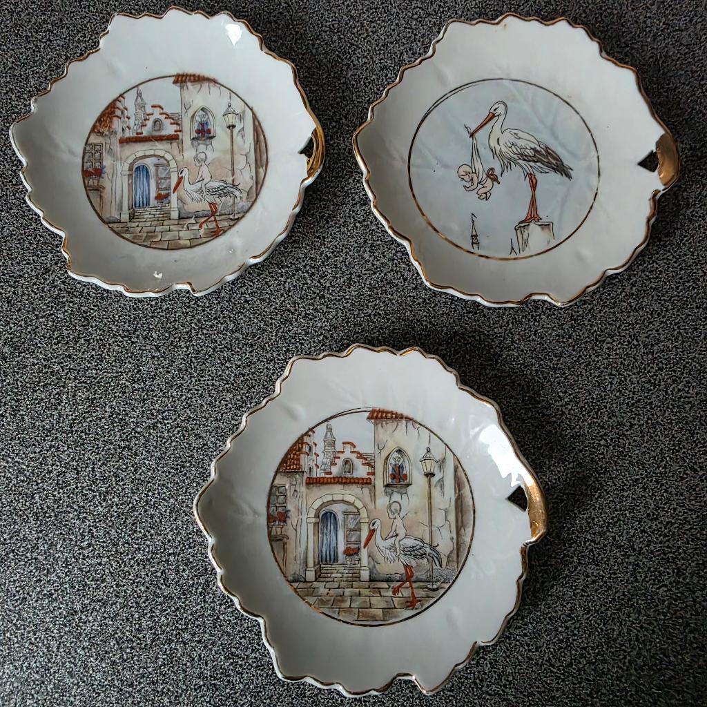 3 SCHAALTJES GEBOORTE OOIEVAAR DIA 10 CM VINTAGE, Ophalen of Verzenden, Zo goed als nieuw, Kraamcadeau