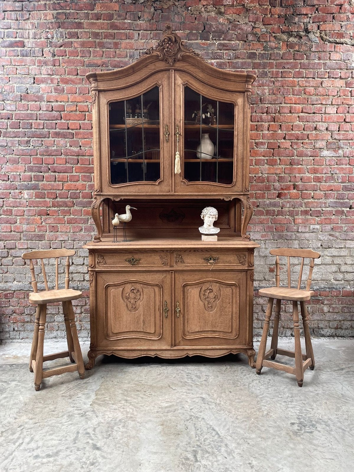 Antieke Franse buffetkast / vitrinekast in gebleekte eik, Enlèvement, Chêne