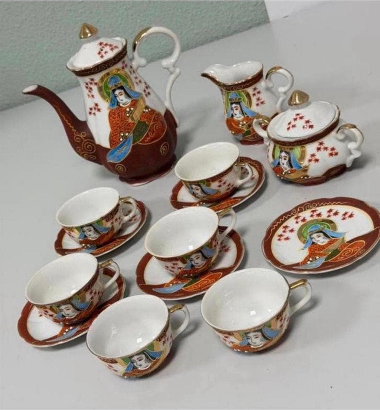 Vintage Japanese Satsuma Hand Painted Gold Trimmed 14-Delig, Ophalen of Verzenden