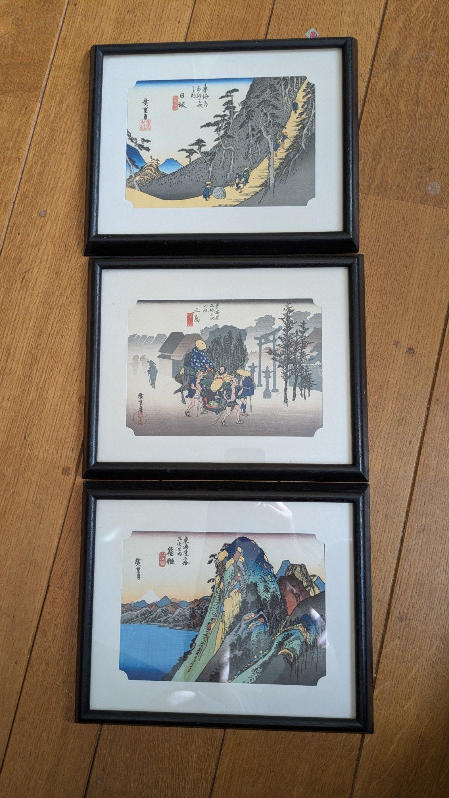 Set van 3 ingelijste Japanse houtsneden Utagawa Hiroshige, Ingelijst, Ophalen