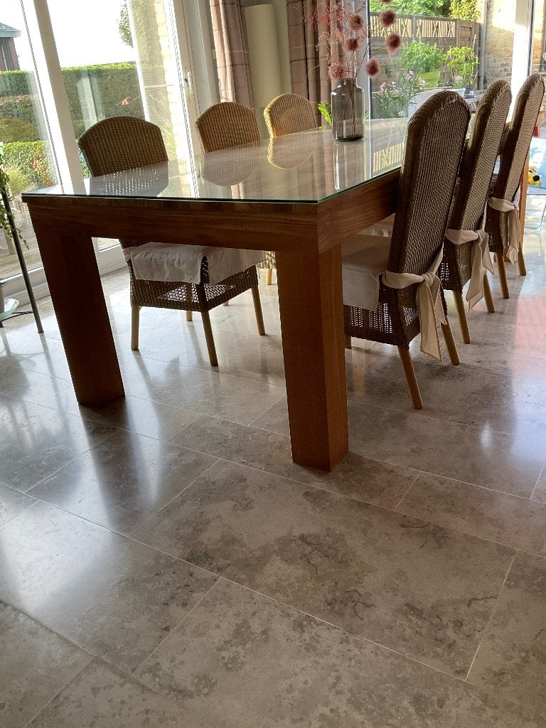 Bloktafel met 8 stoelen, Huis en Inrichting, Ophalen, Gebruikt, Bruin, Hout