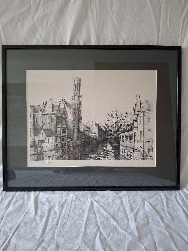 Tekening v LUC CROP - "Brugge", Antiek en Kunst, Kunst | Tekeningen en Fotografie, Ophalen, Tekening, Achter glas